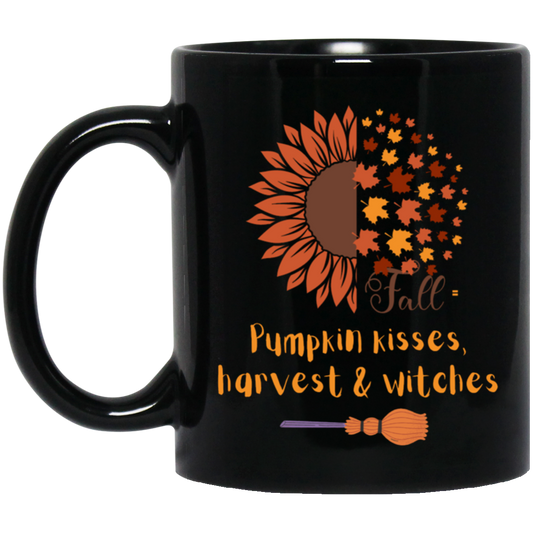Fall= Pumpkin kisses, harvest & witches11 oz. Black Mug